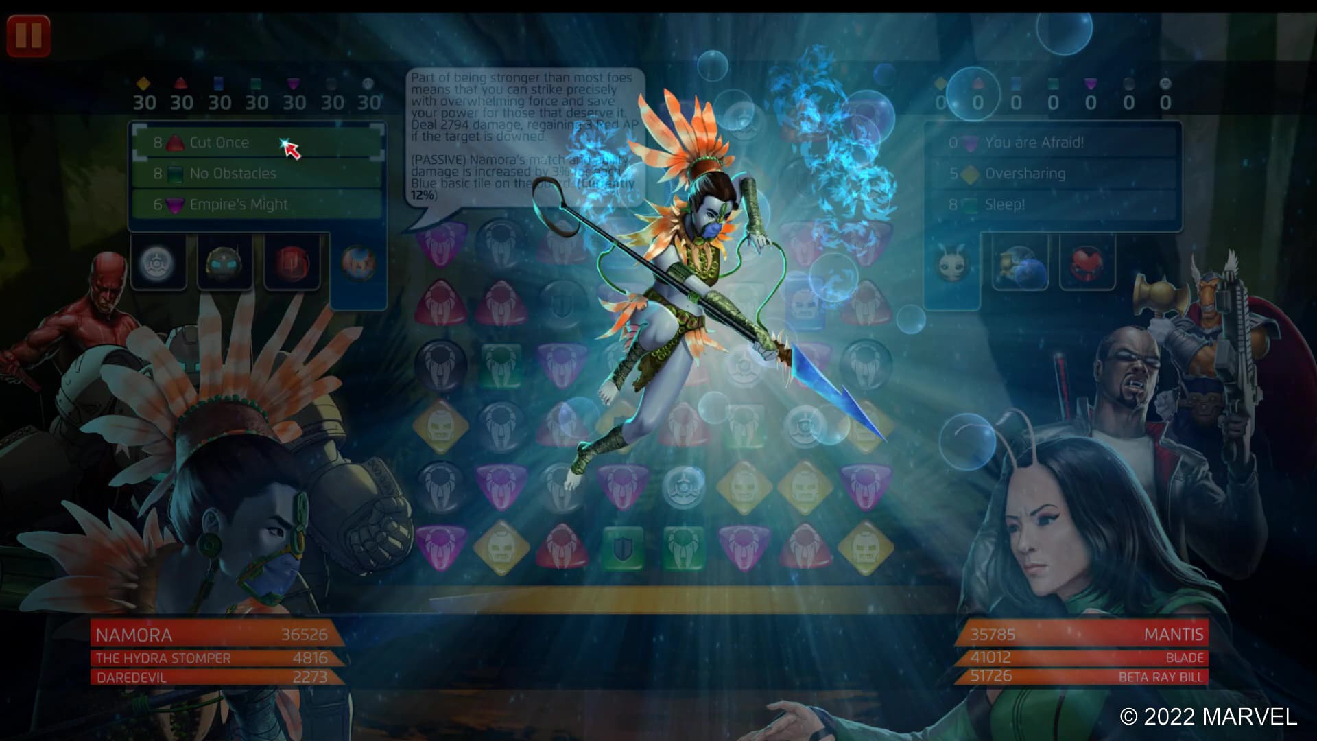 Namora (Origin) uses Cut Once in MARVEL Puzzle Quest