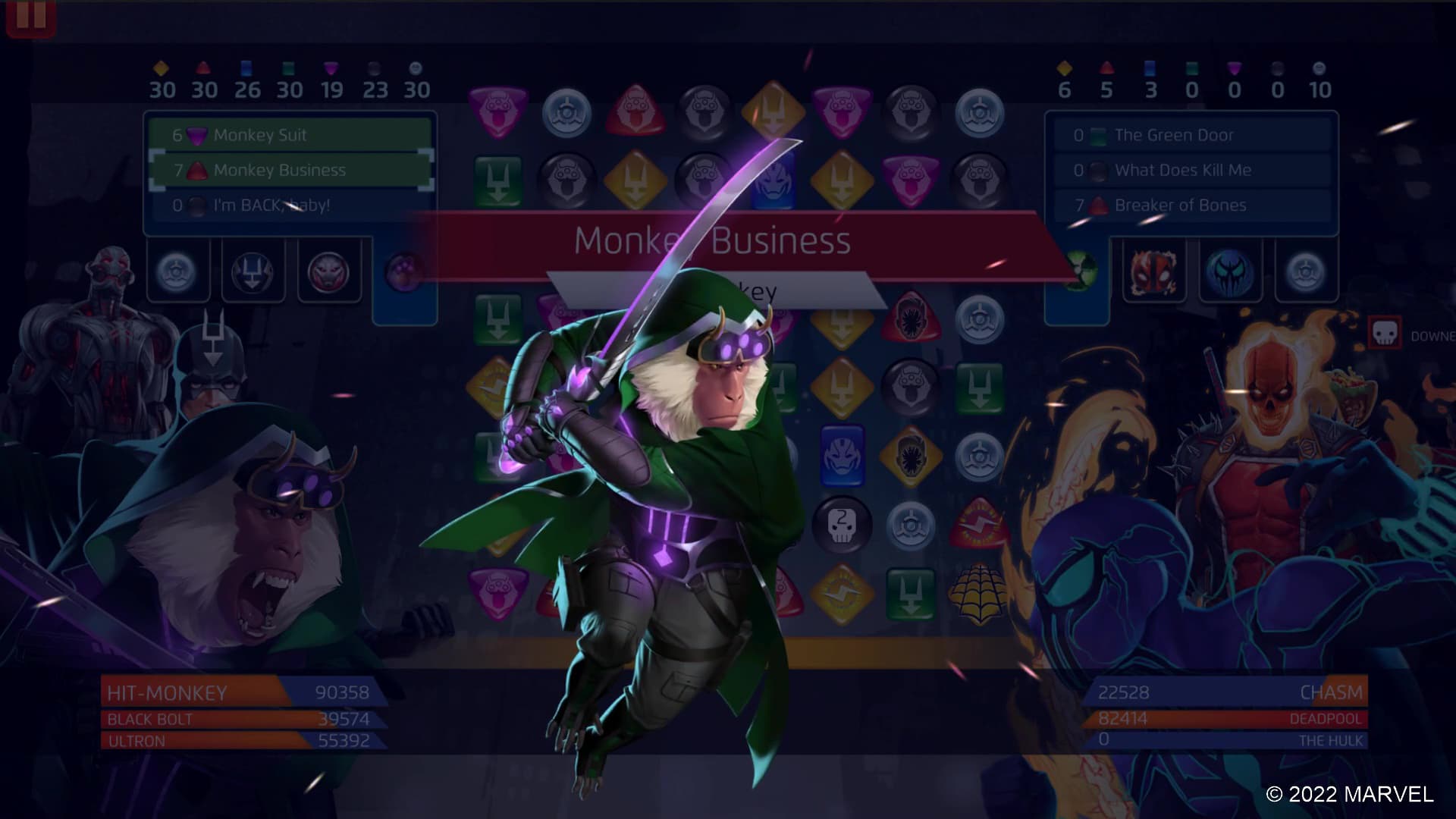 Hit-Monkey (EDI Suit) uses Monkey Business in MARVEL Puzzle Quest