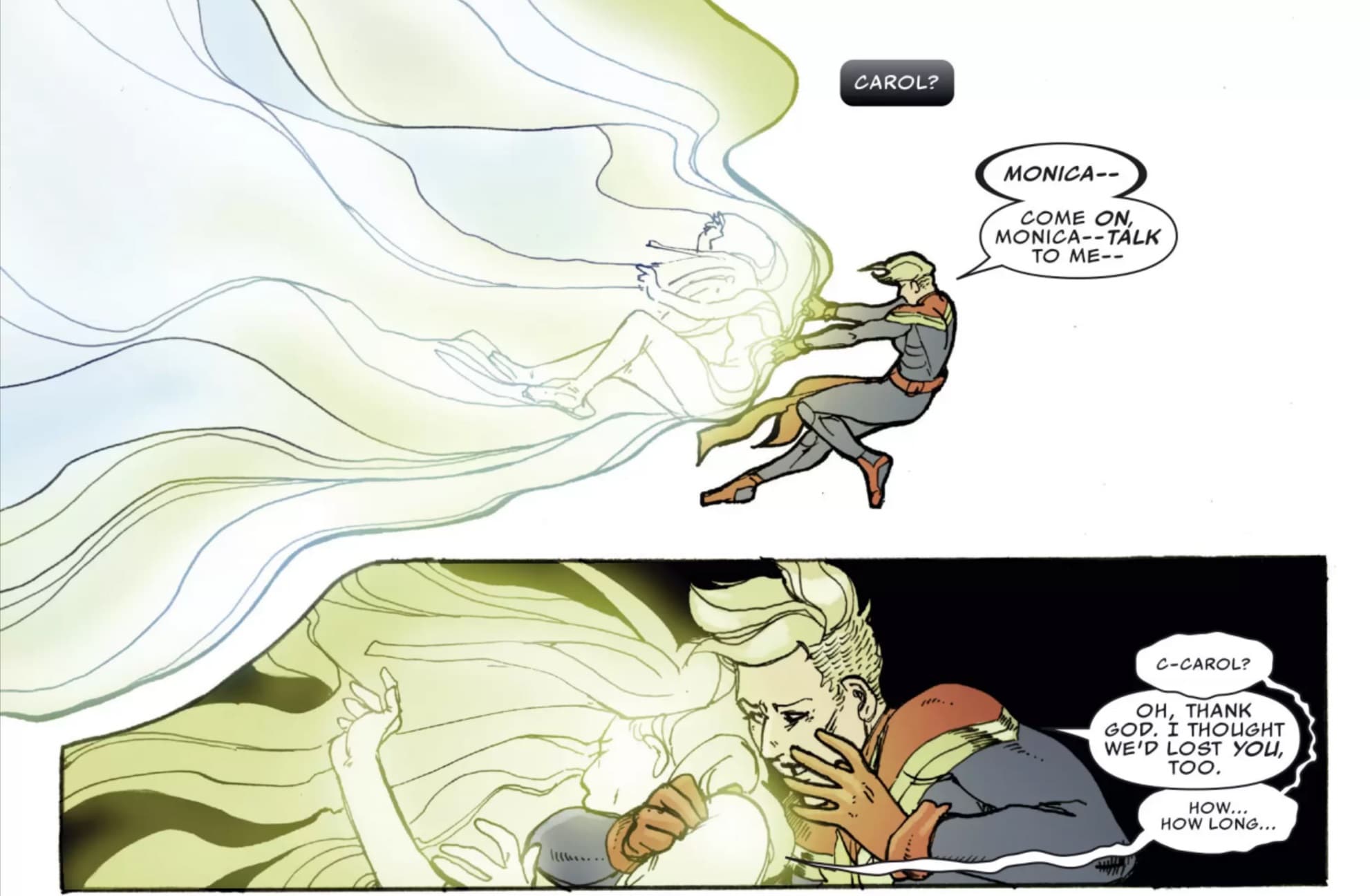 Captain Marvel saves Monica Rambeau in her pure energy form in ULTIMATES 2 (2016) #7.