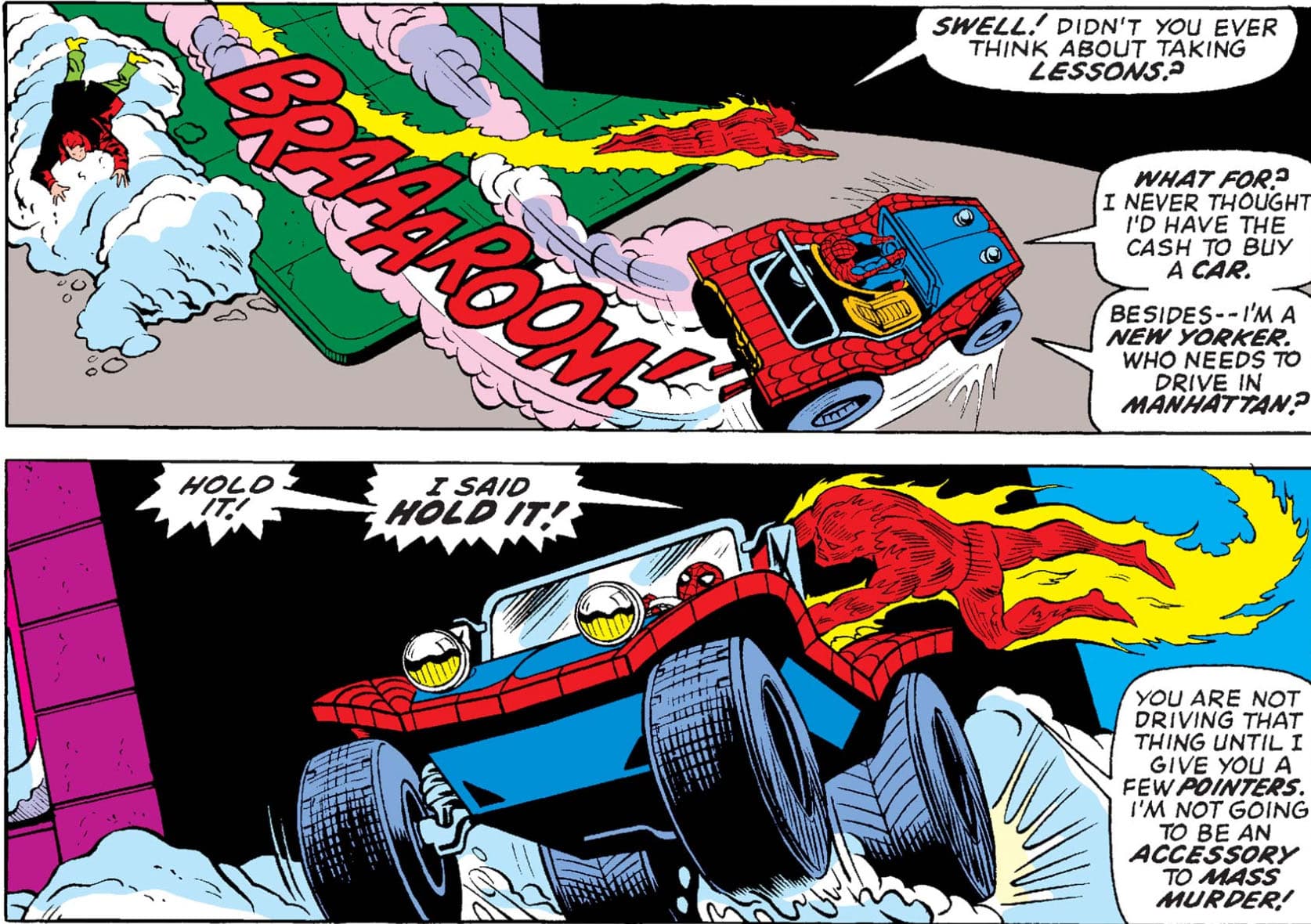 Human Torch teaches Spidey how to drive the Spider Mobile