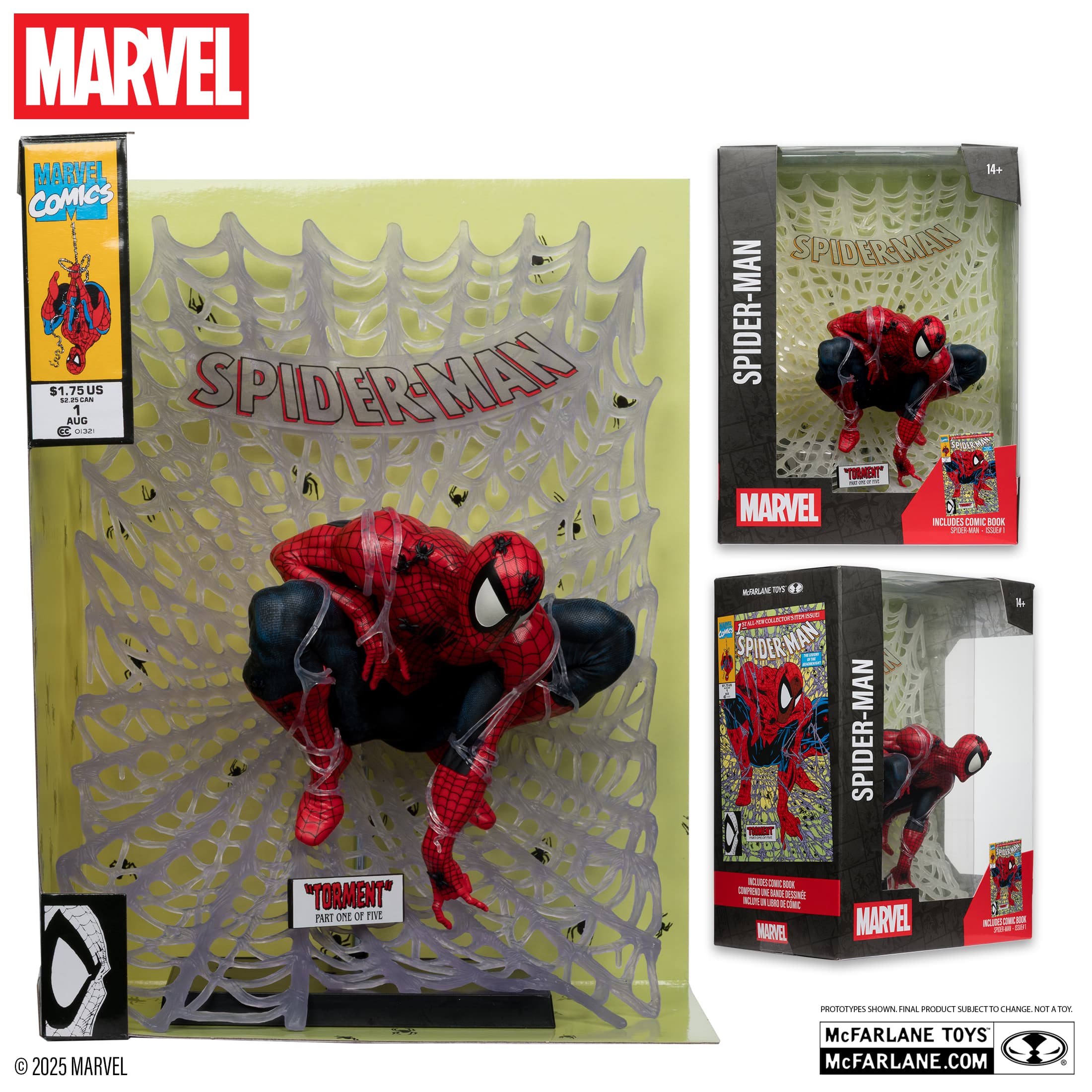 McFarlane Toys Spider-Man statue with an image of SPIDER-MAN (1990) #1 on the side of the box