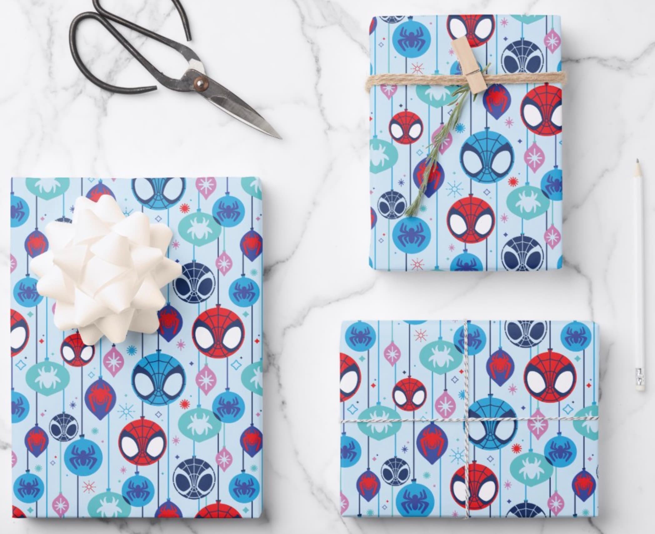 Shop it <a href=https://www.zazzle.com/team_spidey_holiday_bauble_pattern_wrapping_paper_sheets-256723404674828886>here</a>