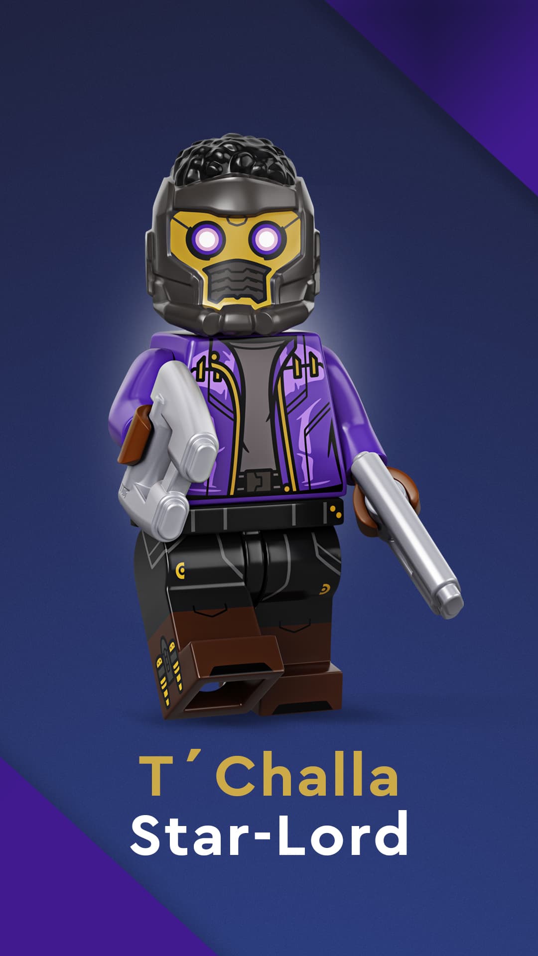T’Challa Star-Lord LEGO Minifigure / shop it <a href=https://www.lego.com/en-us/product/lego-minifigures-marvel-studios-71031%20%0d9>here</a>