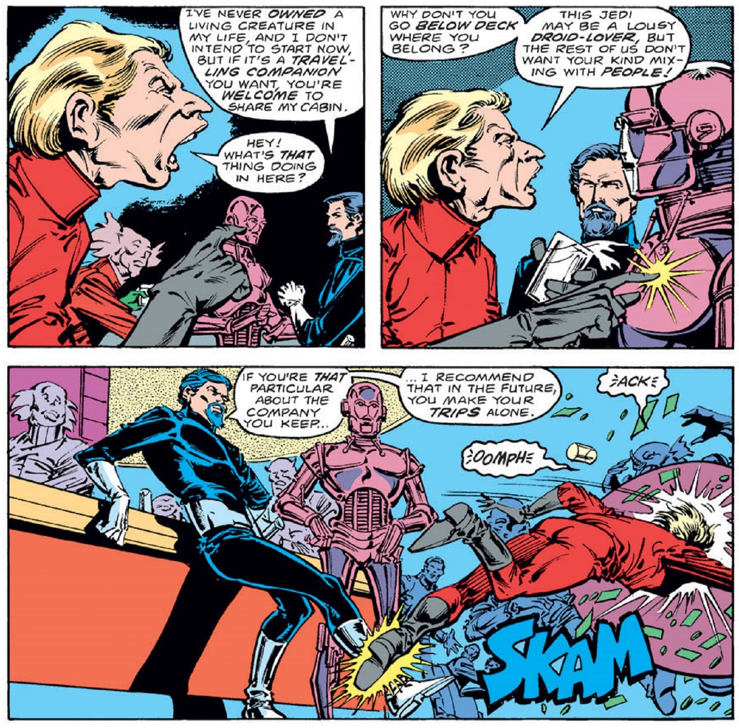 Obi-Wan undercover talks to a droid and offers them his quarters to share.