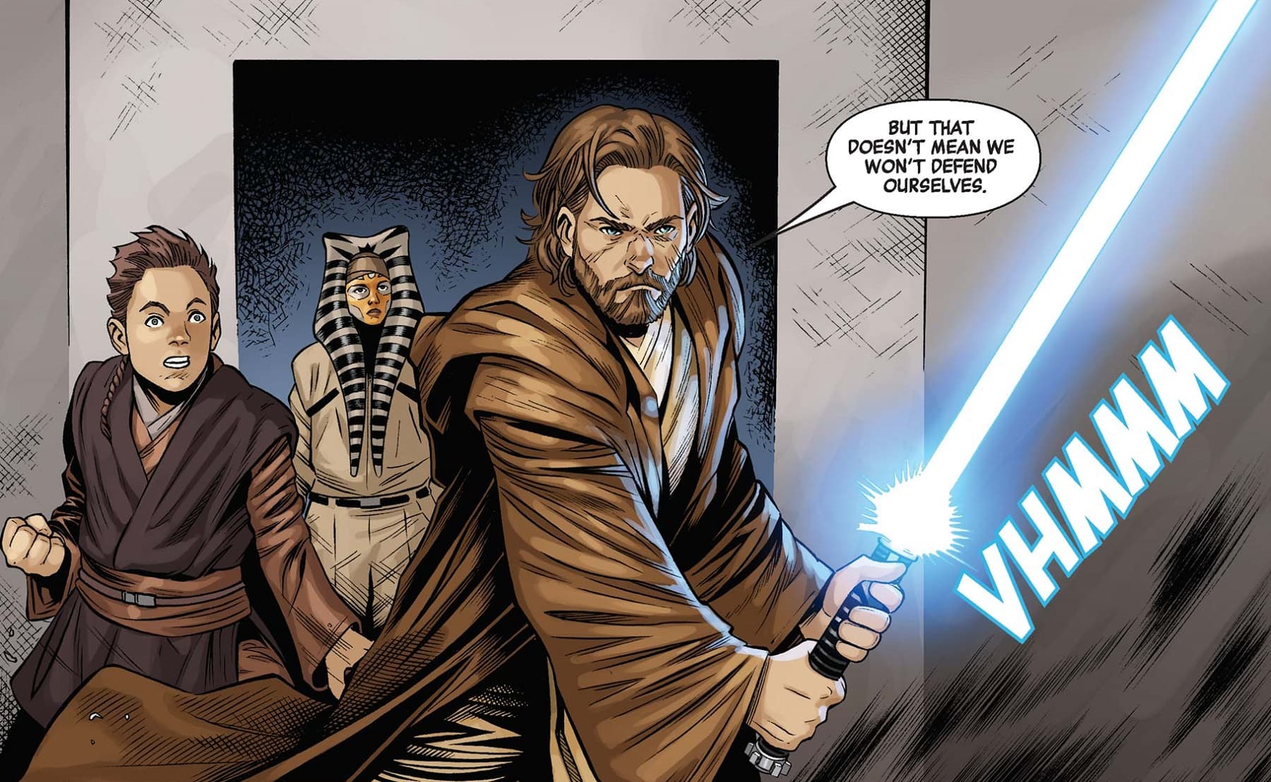 Obi-Wan activates his lightsaber against pirates.