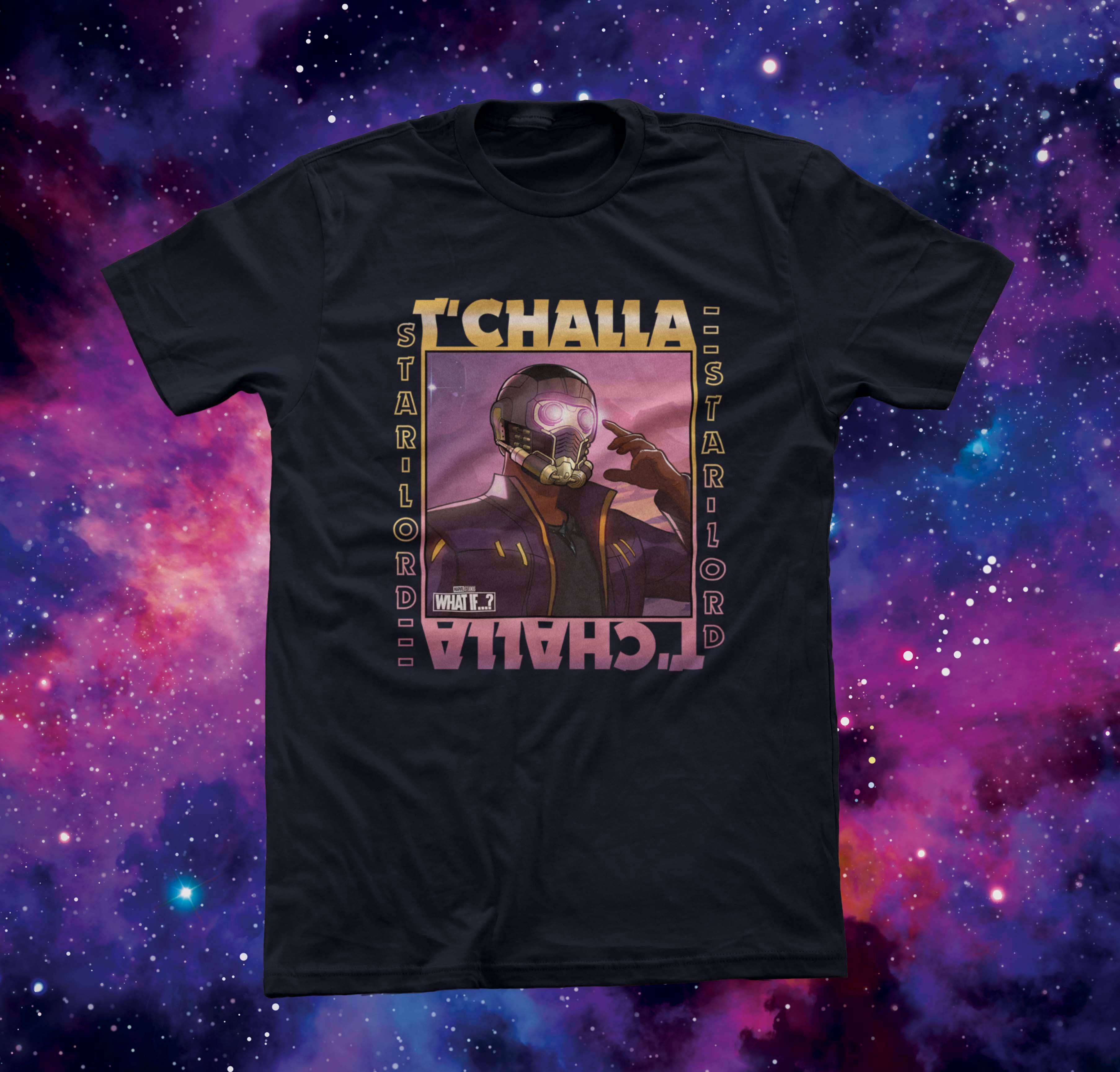 What If T’Challa Was Star-Lord? Shirt / shop it <a href=https://www.hottopic.com/product/marvel-what-if...-tchalla-was-star-lord-frame-t-shirt/16643001.html>here</a>