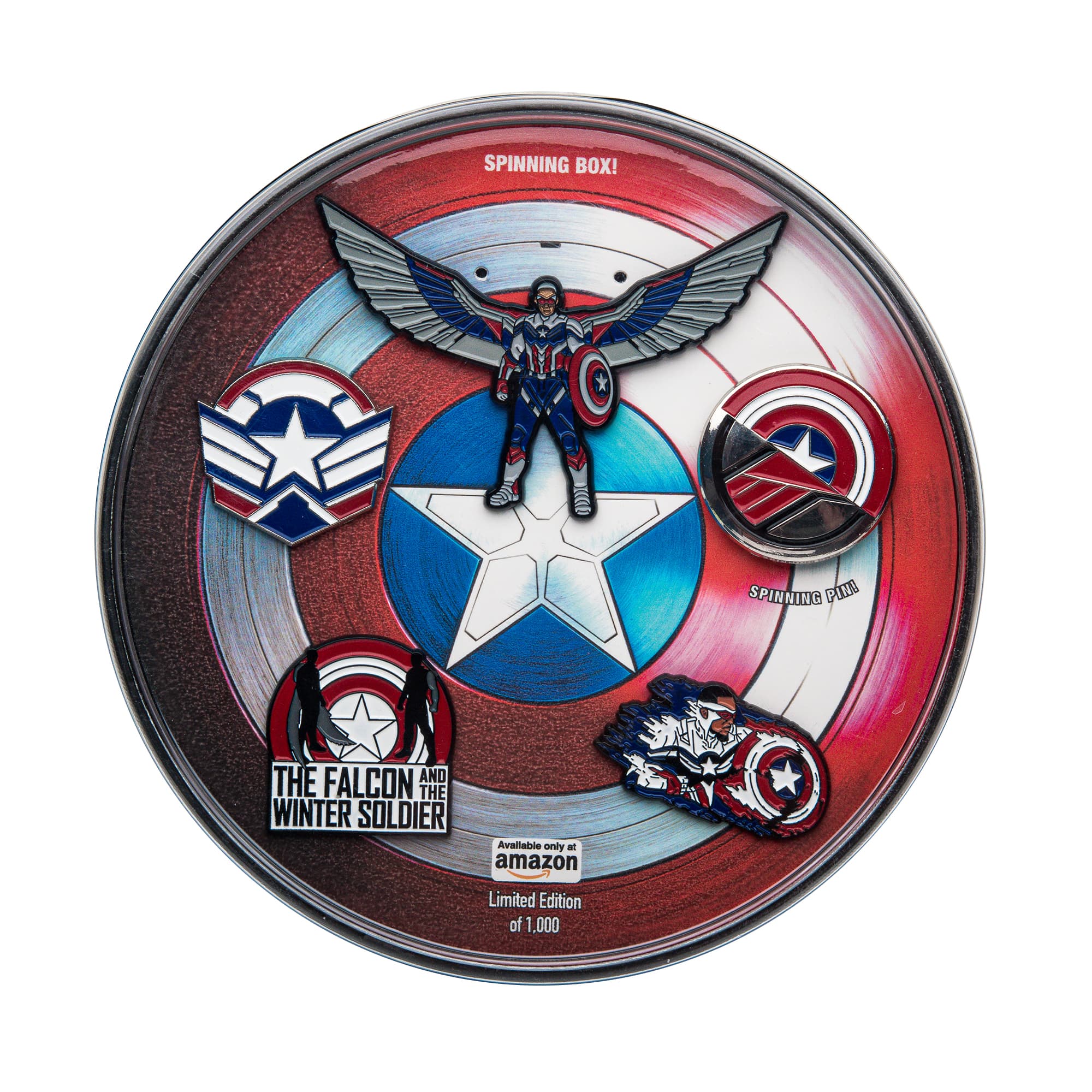 <a href=https://www.amazon.com/Marvel-Disney-Falcon-Amazon-Exclusive/dp/B08WJQPYVF>’The Falcon and The Winter Soldier’ Pin Set</a> / Amazon