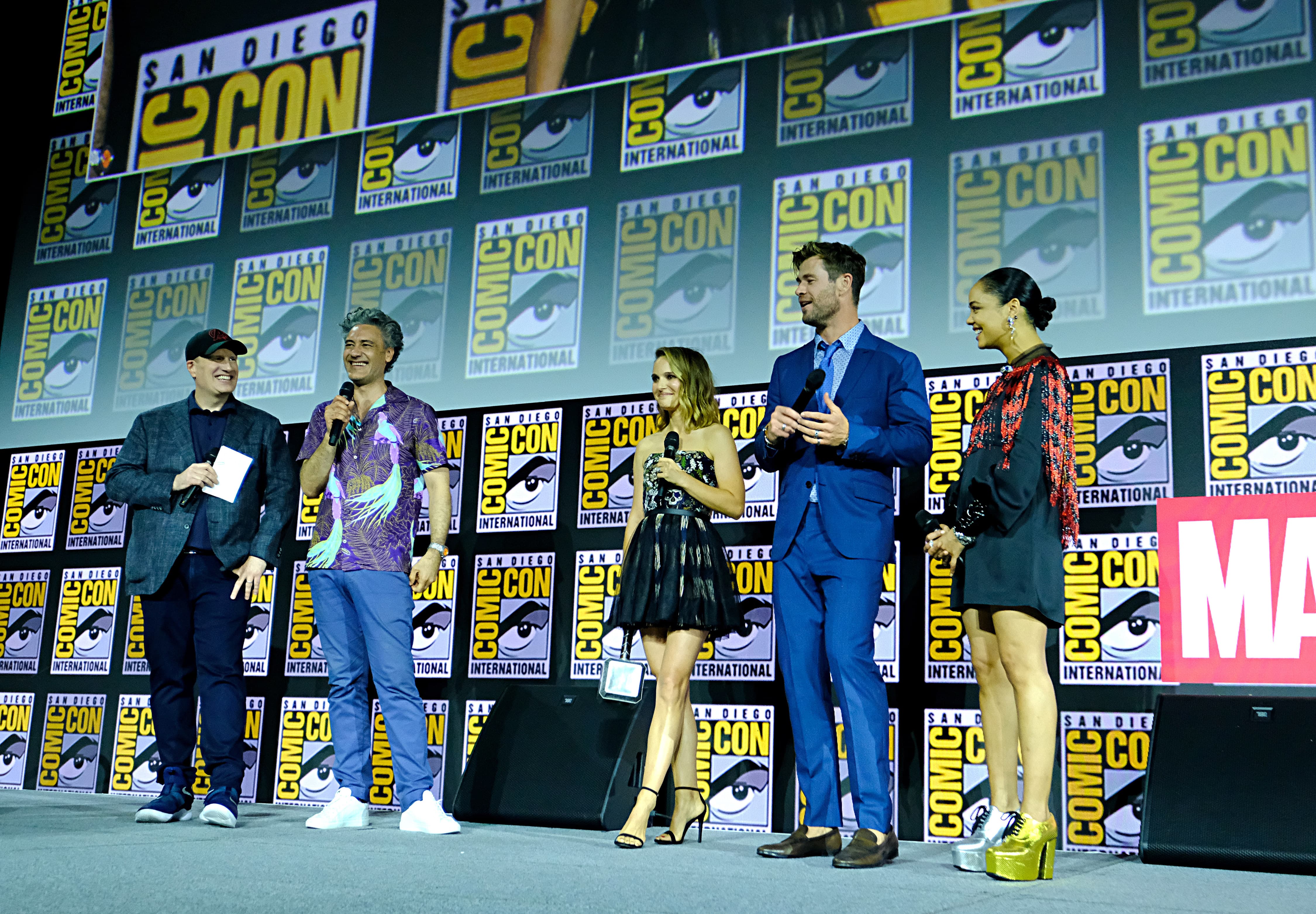 Kevin Feige, Chris Hemsworth, Tessa Thompson, Taika Waititi and Natalie Portman