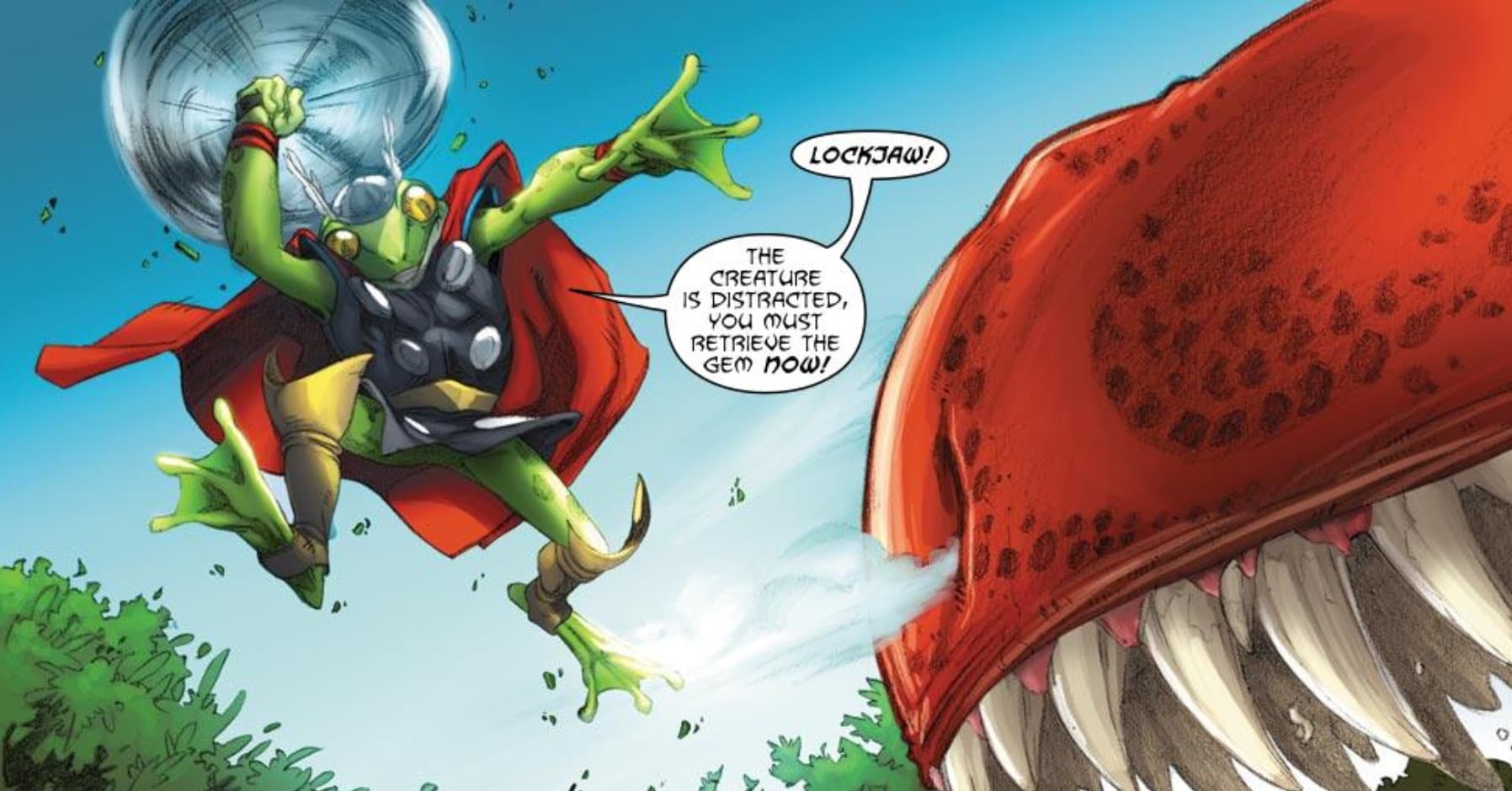 Throg fights a dinosaur