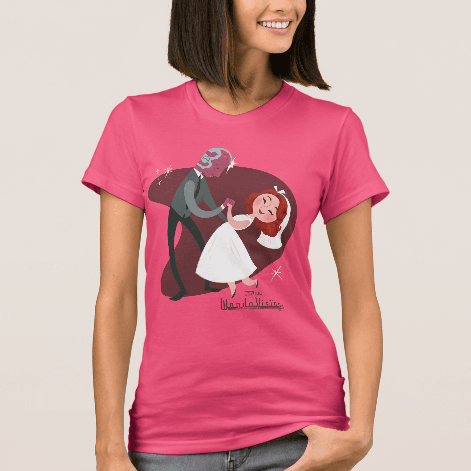 <a href=https://www.shopdisney.com/wandavision-newlyweds-t-shirt-for-women-customized-7200003122ZES.html>Newlyweds T-Shirt</a> / ShopDisney 