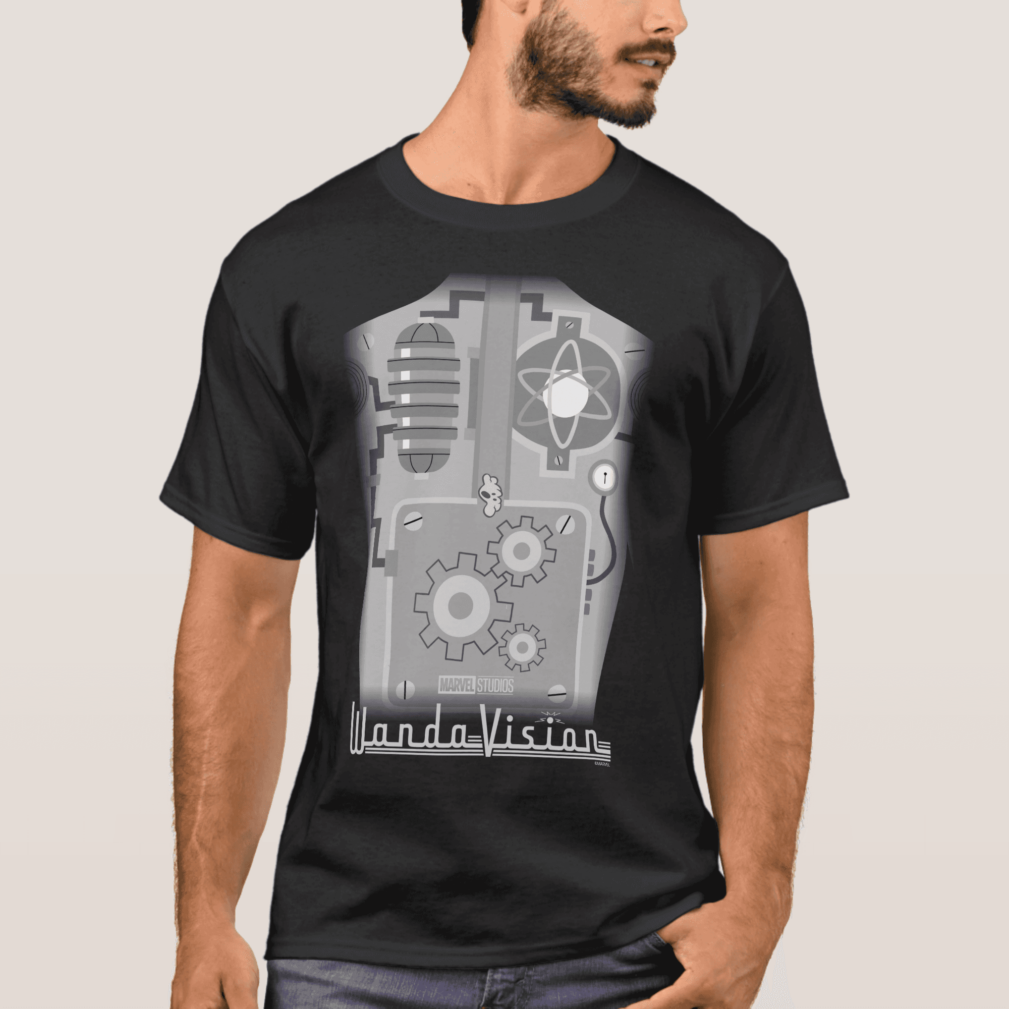 <a href=https://www.shopdisney.com/wandavision-visions-gum-in-the-works-t-shirt-for-men-customized-7200003119ZES.html>Vision's Gum In The Works T-Shirt</a> / ShopDisney 