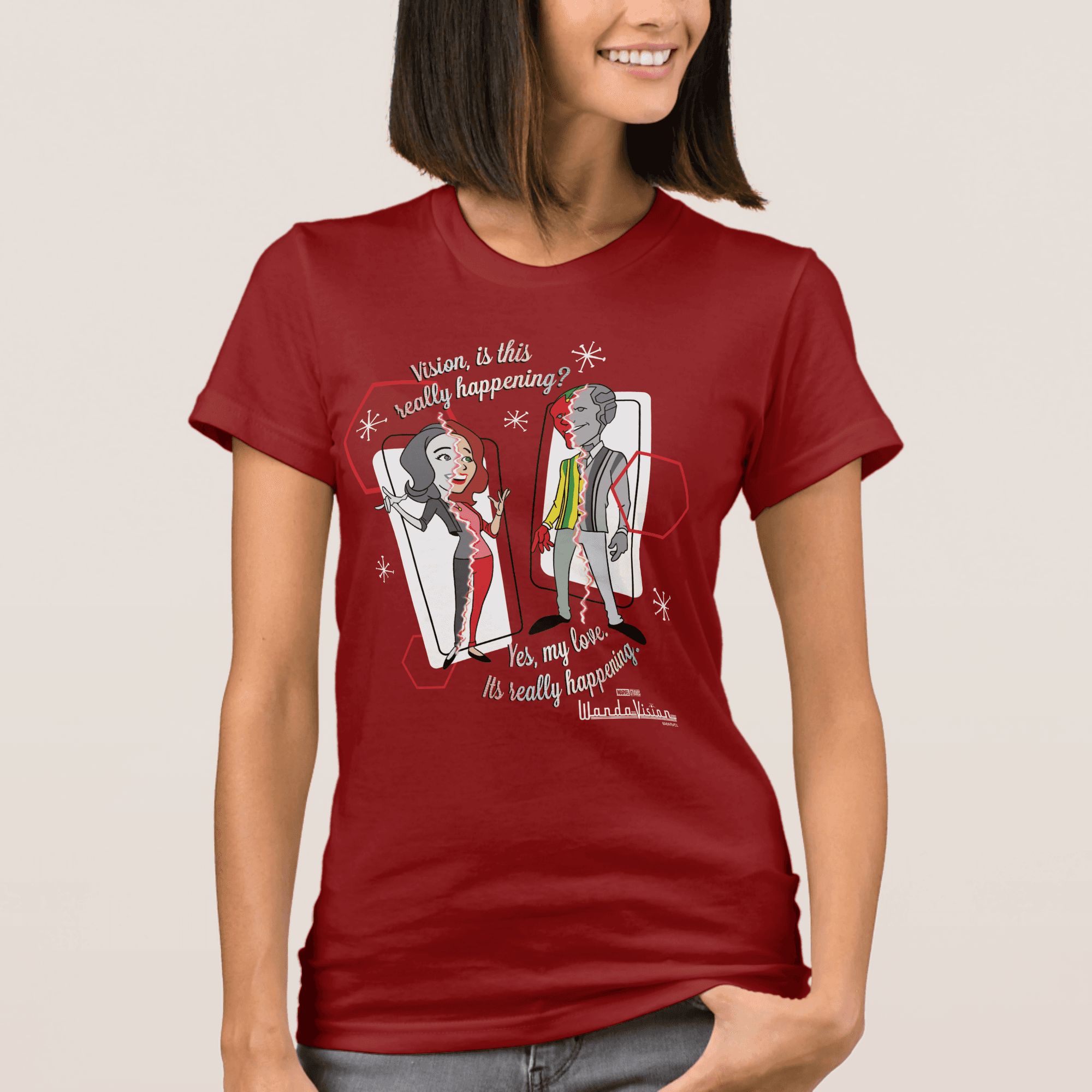 <a href=https://www.shopdisney.com/wandavision-is-this-really-happening-t-shirt-for-women-customized-7200003116ZES.html>Is This Really Happening? T-Shirt</a> / Shop Disney 