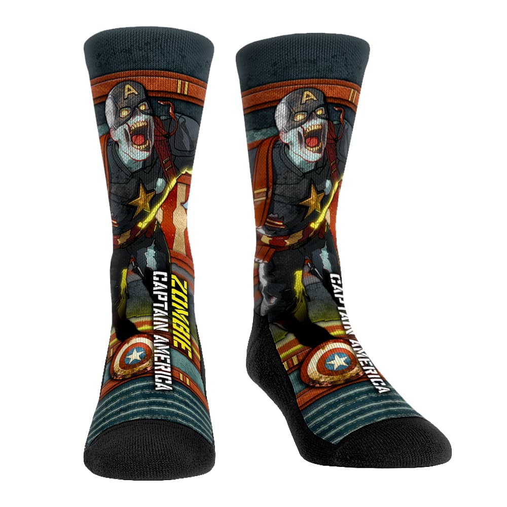 Zombie Captain America Socks - Sideplot  / shop it <a href="https://rockemsocks.com/collections/what-if/products/what-if-zombie-captain-america-sideplot">here</a>