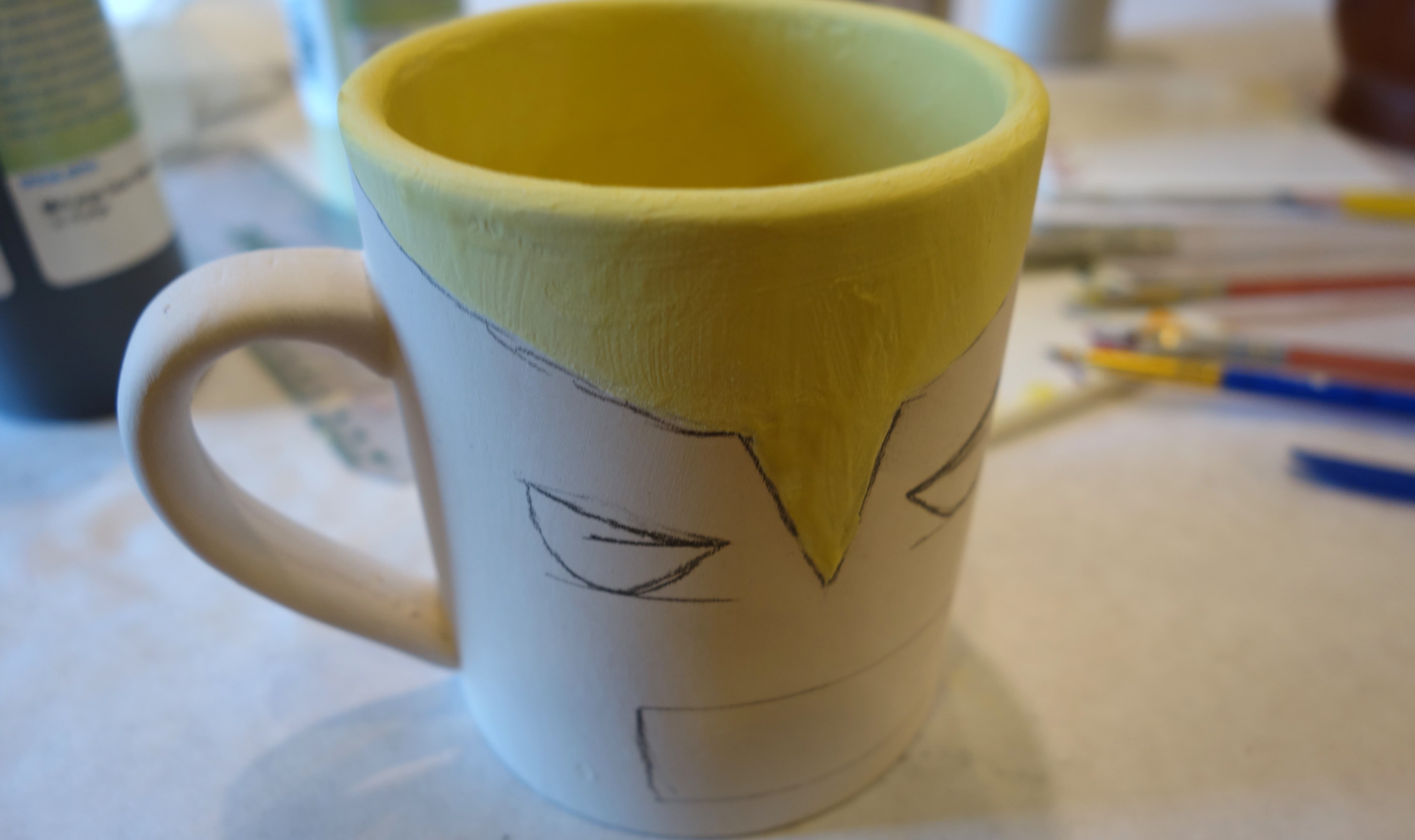 DIY Wolverine Mug Craft - Begin with the yellow paint on the outside of the mask