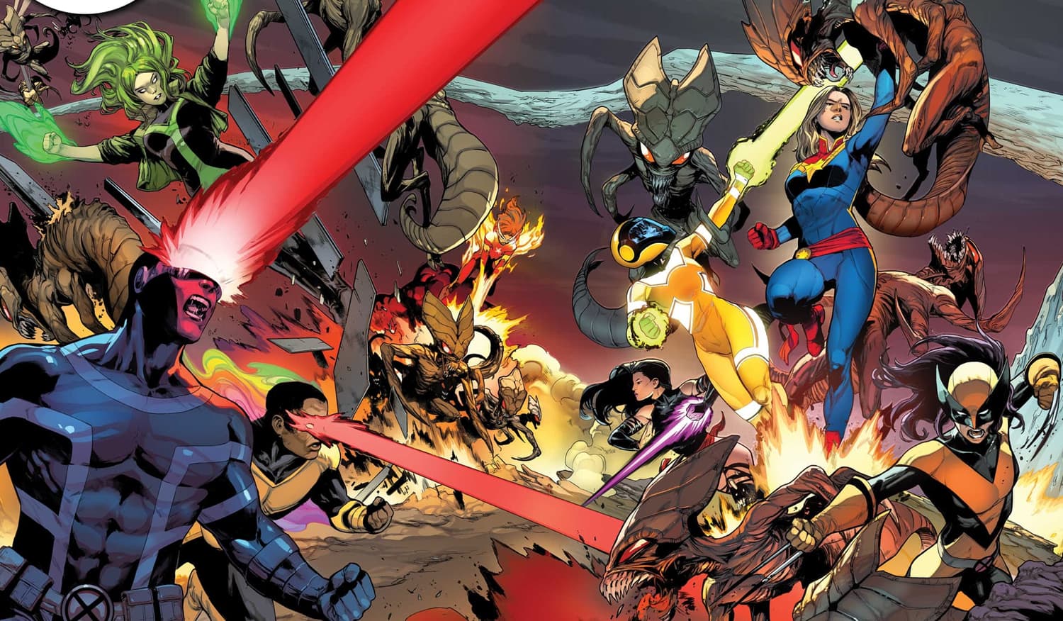 X-MEN (2021) #19 and CAPTAIN MARVEL (2019) #46 connecting covers by Juan Frigeri and David Curiel