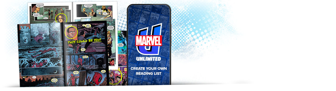 An assortment of comics and a phone with the Marvel Unlimited app