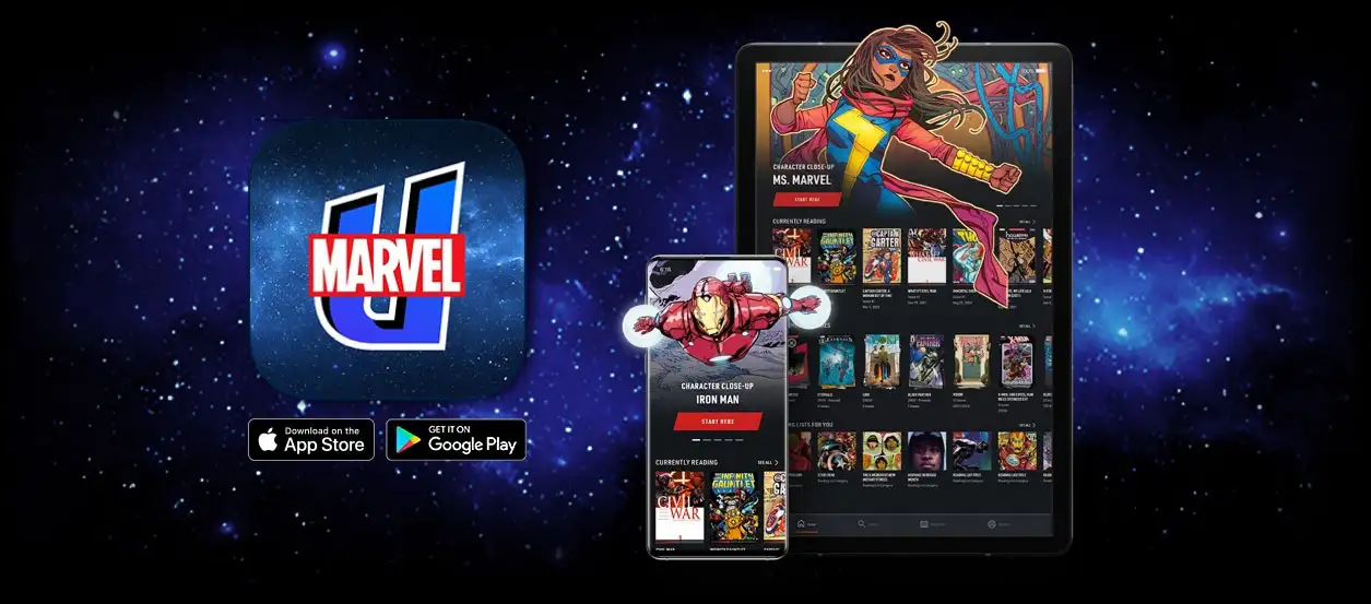 Marvel Unlimited app icon and app on devices