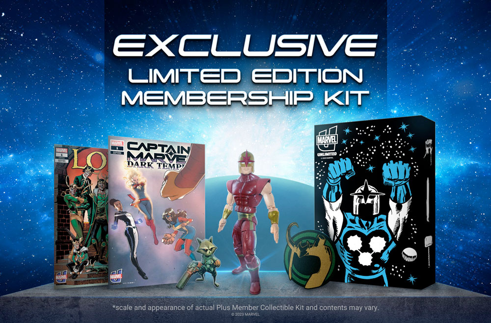 Marvel Unlimited Plus Membership kit image featuring a variety of items.